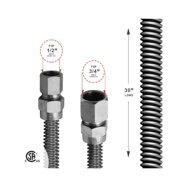 Gas Line Hose 5/8'' O.D. X 30'' Length 1/2 X 3/4 FIP Fittings, Stainless Steel Flexible Connector